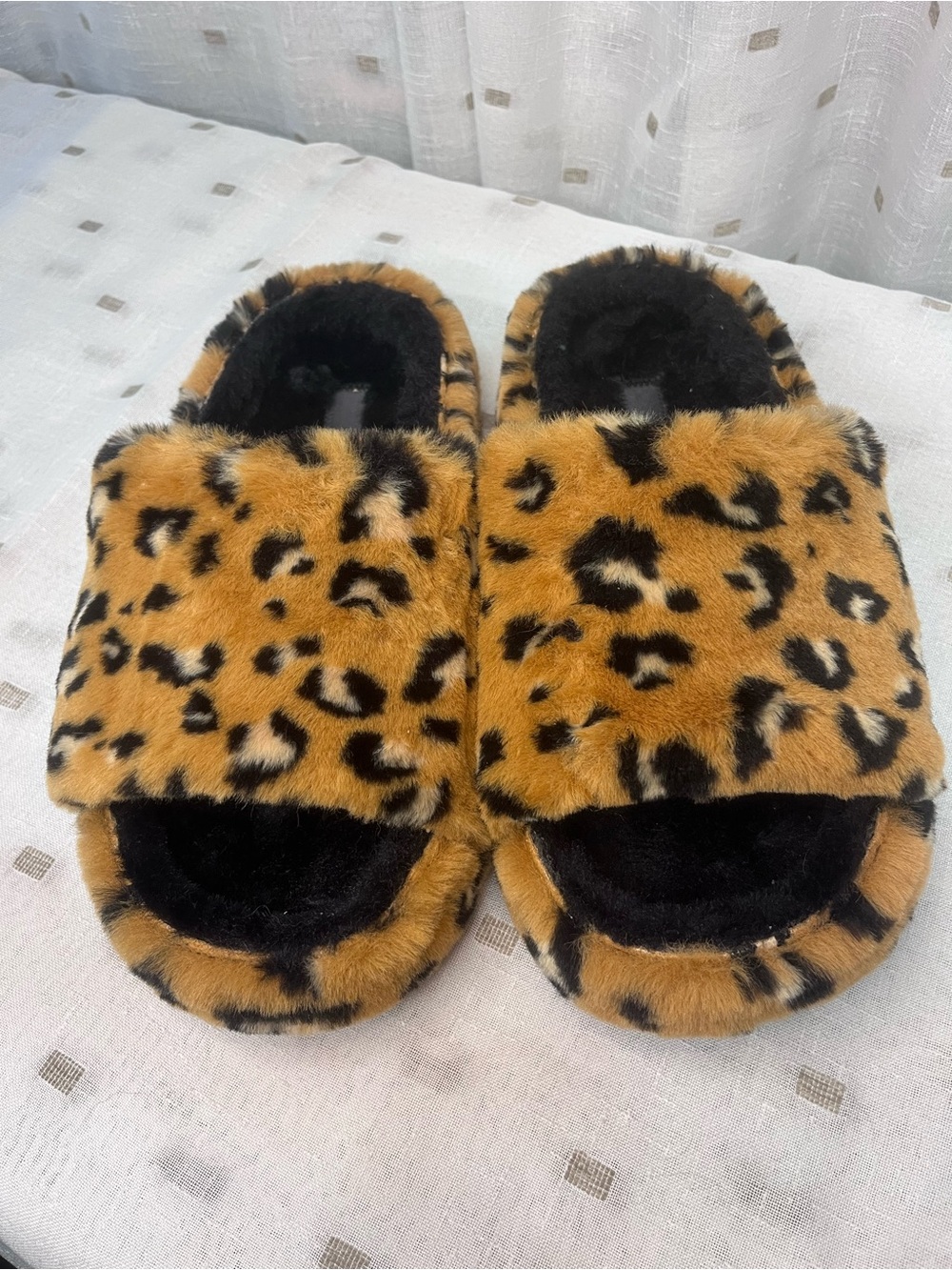 CROCS Leopard Print Fuzzy Slides in Tan and Black